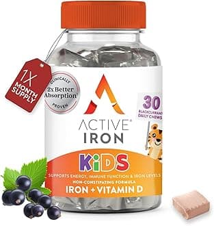 Active Iron Supplement 7 mg + Vitamin D for Kids – Increases Iron & Energy Levels – Gentle, Non-Constipating Blackcurrant Chews – Highly Absorbed – Supports Growth & Immune Health – 30 Chews