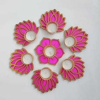 Handmade 7 Pc Pink Lotus Flower Diya Rangoli Candles with Wax for Diwali Ganesh Chaturthi Laxmi Pooja Home Temple Rangoli Diya Floor Decoration