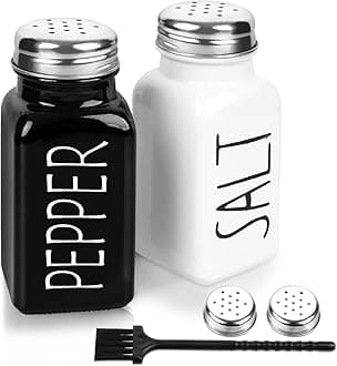 PECULA 2 Pack Salt and Pepper Shakers Set, Glass Shaker with Stainless Steel Lid, Modern and Cute Farmhouse (Black and White)