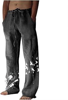 Men's Ethnic Style Printed Sweatpants Linen Vintage Elastic Waist Lace up Casual Pants Loose Fit Hippie Boho Trousers
