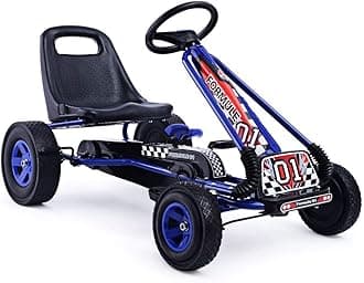 HONEY JOY Go Kart for Kids 4 Wheels Quad Off Road Pedal On Foot Go Kart with Handle & Adjustable Seat 2 Safety Brakes EVA Tire Clutch Outdoor Racer Ride On Pedal Car (Blue)