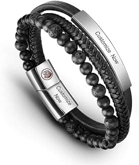 Casisto.J Mens Leather Bracelet – Classic Handmade Braided Black & Brown Cuff Bracelet with Engraved Magnetic Clasp Free Jewelry Gift Boxed