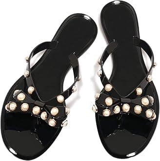 Women Rivet Flip Flops Studded Jelly Thong Sandals with Bow Summer Bowtie Flat Beach Rain Shoes