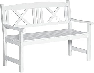 Outdoor Wood Bench, 2-Person Garden Bench with Backrest and Armrest, Patio Bench for Yard, Lawn, Porch, White