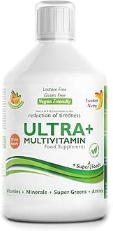 Ultra+ Multivitamin Liquid Food Supplement - 500 ml, 33 Day Supply | Vitamins, Minerals, Super Greens & Aminos | Boost Energy Wellbeing & Immune System I Orange Flavour | For Men & Women