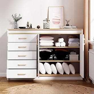 Living Room Chest of Drawers, Wooden Chest of Drawers with Storage Shelves for Bedroom, Multifunctional Storage Cabinet With 5 Drawers and 2 Doors for Home Office, Hallway Entryway Funiture Cabinet