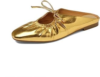 Women's Wrinkled Leather Lace Up Flat Mules Fashion Closed Square Toe Slip-On Slingback Ballet Flats Comfortable Casual Dressy Date Office Work Shoes Gold