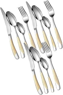 Mirror Finish Gold Plated Stainless Steel Flatware Set - Copper Silverware Rose Gold Cutlery [Dinner Fork, Tea Spoon, Salad Spoon, Knife] (Golden DOT, 12)