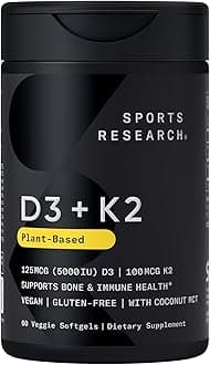Sports Research® Vitamin D3 + K2 w/ Coconut Oil - Vegan Vitamin D 5000iu & Mk7 Vitamin K 100mcg for Bone & Immune Support - Vegan Certified · Non-GMO · Soy Free - 60 Softgels
