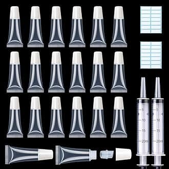 AMORIX 50PCS Lip Gloss Tubes 5ml White Cap Lip Gloss Containers Empty Lip Balm Tubes Cosmetic Lipgloss Tubes + 2 x 20ml Syringes Tag Labels for DIY Lip Gloss Base Glitter