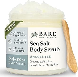 Bare Botanics Unscented Body Scrub 24oz | Made in Madison, WI | All Natural Body Scrub w/Skin Loving Moisturizers | Vegan & Cruelty Free Sea Salt Exfoliator w/a Cute Wooden Spoon