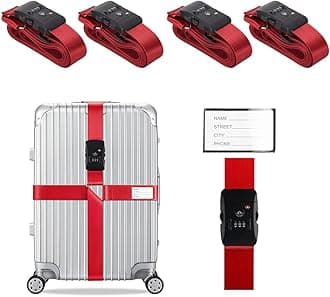 Veki Cross Luggage Straps Set TSA Approved with Lock Adjustable Travel Suitcase Belts Suitcase Tags with Name ID Card Packing Straps for Suitcases Strap Travel Accessories (Red*4pcs)