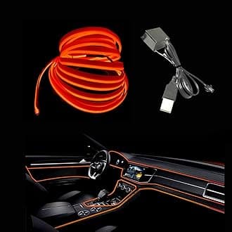 El Wire Orange Interior Car LED Strip Lights, 3M Neon Wire USB 5V with Fuse Protection for Automotive Interior Decoration, with 6mm Sewing Edge