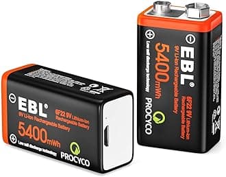 EBL 9 V Rechargeable Batteries, 600 mAh, 2 Pack, 6P Batteries, 1.5 H Rapid Charging, Compatible with Radios, Toys, Indoor Smoke Detectors, Micro USB Charging Cable, Can Be Used Approximately 800 Times