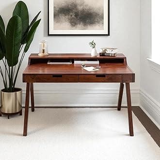 Wooden Writing Study Desk Table for Home & Office | Laptop Computer Table with 2 Drawers & Shelf Storage for Adults & Students | Mango Wood, Honey Brown Finish