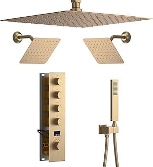 Brushed Gold Shower System with 3 Rain Shower Head(12+8+8 inch), Handheld Spray, 4 Way Smart Temperature Display Shower Faucet set