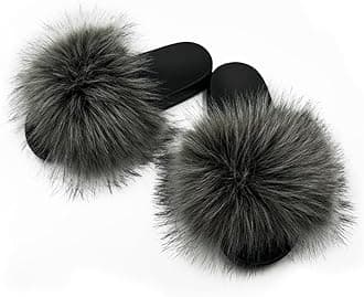 Women's Faux Fur Slides Slippers Fluffy Fuzzy Sandals Open Toe Furry Slide Flip Flop Indoor Outdoor