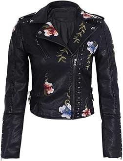 YILANUOYI Women's Embroidered Studded Faux Leather Jacket Moto Punk Jacket Floral Coat