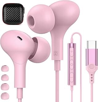 USB C Headphones for iPhone 16 15 Plus/Galaxy S25 Wired Earbuds with Microphone for Samsung S24 S23 S22 S21 S20 FE Ultra, Noise Canceling Magnetic in-Ear Type C Earpones for iPad 10th/Pixel 8a, Pink