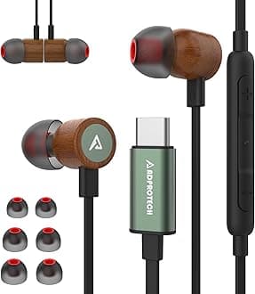 USB C Headphones for iPhone 16, Type C Earbuds Red Pear Wood Wired HiFi Stereo with Remote & Mic, USB C Earphones Compatible with iPhone 16/15 Pro Max, Galaxy S23, iPad Device with Type C, Dark Green