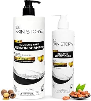 Sulphate Free Keratin Shampoo & Conditioner Set | Shine & Frizz-Free Hair Care | Deep Cleansing & Damage Repair with Argan, Macadamia & Vitamin E | Sulfate-Free Hair Care for Dry, Frizzy & Treated Hair | 1Litre + 450g