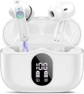 Wireless Earbuds, Bluetooth 5.4 Headphones Bass Stereo, Ear Buds with Noise Cancelling Mic, IP7 Waterproof in Ear Earphones, 36H LED Display Bluetooth Earbuds for Laptop Pad Phones Sports, White