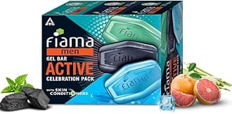 Fiama Men Gel Bar Active Celebration Pack with 3 Unique Gel Bars, 375g (125g - Pack of 3),Charcoal and Grapefruit, Refreshing Pulse and Energising Sport for Moisturised Skin, Soap for Men, For All Skin Types