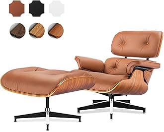 Top Grain Leather, Mid Century Chaise Lounge Chair and Ottoman, Modern Chair Classic Design, Heavy Duty Base Support for Living Room Study Lounge Office, Walnut-Brown, Heightening