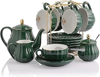 Sweejar Porcelain Tea Sets British Royal Series, 8 OZ Cups& Saucer Service for 6, with Teapot Sugar Bowl Cream Pitcher Teaspoons and Tea Strainer, Suitable for High Tea, Wedding, Party (Jade)