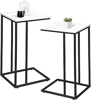 C Shaped Side Table Set of 2, Marble End Table for Sofa and Bed, Couch Table That Slide Under, Snack Side Table for Living Room, Bedroom or Small Spaces, White and Black