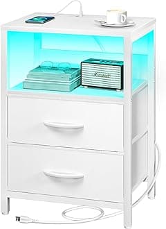 Yoobure Nightstand with Charging Station, LED Night Stand with Fabric Drawers and Storage Shelf for Bedroom, Nightstands Bedside Tables with USB Ports & Outlets, Small Night Stands, Bed Side Table