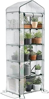VOUNOT® 5 Tier Mini Greenhouse Outdoor with Shelves, Portable Plastic Garden Greenhouse for Plants, Seedlings and Herbs, Small Growhouse for Patio Balcony, White, 69x49x193cm