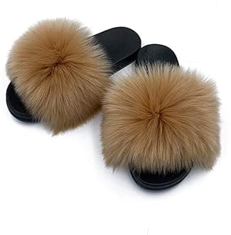AuapTavw Women's Faux Fur Slides Slippers Fluffy Fuzzy Sandals Open Toe Furry Slide Flip Flop Indoor Outdoor