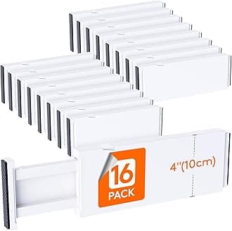 Lifewit 16 Pack Drawer Dividers 4" High, 11-17" Adjustable Drawer Organizers for Clothes, Expandable Dresser Separators in Bedroom/Bathroom/Kitchen/Fridge/Office Organization and Storage,White