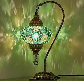 (33 Colors) DEMMEX Turkish Moroccan Mosaic Table Lamp with US Plug & Socket, Swan Neck Handmade Desk Bedside Table Night Lamp Decorative Tiffany Lamp Light, Antique Color Body (25)