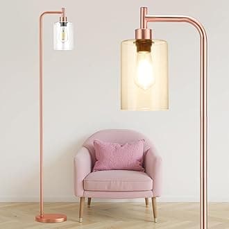 Floor Lamp with Clear Glass Shade - Industrial Standing Lamp with LED Bulb, Modern Tall Floor Lamps for Living Room Bedroom Office - Pink