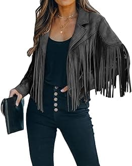 Casual Faux Leather Jacket Women Motorcycle Jacket Fringe Cropped Jacket Utility Tassel Suede Moto Jacket