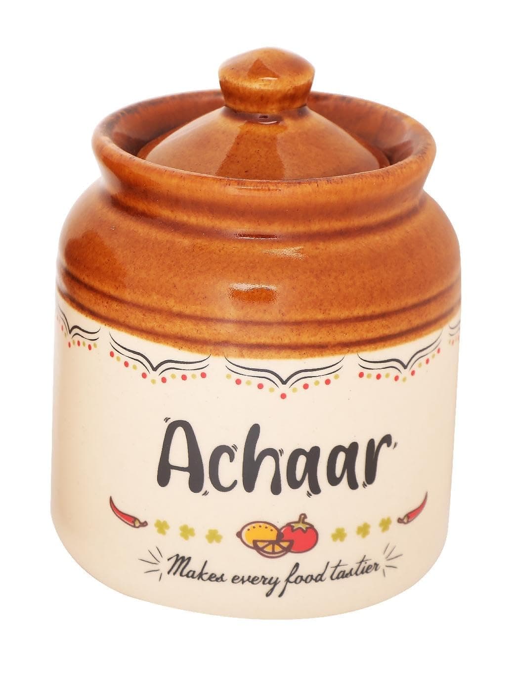 EK DO DHAI (DEVICE) Ek Do Dhai Ceramic Pickle Jar | Elegant Jars For Pickles | Containers With Lids | Convenient For Dining Table | Martbaan Stoneware Printed | 1 Piece | 300 Ml 10 Oz, Multicolor