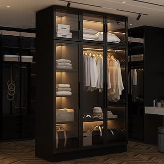 Wardrobe Cabinet with LED Lights, Armoire Closet with Glass Doors, Wooden Large Wardrobe with Hanging Rod & 5 Tiers Shelf, Modern Bedroom Armoire Clothes Organizer, Black 47.2" W