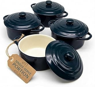 Mini Cocotte, Casserole Dish, Dutch Oven, Ceramic Make, Easy to Lift Lid, Set of 4, (Navy Blue)