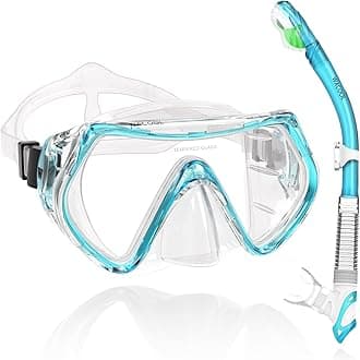WACOOL Professional Snorkeling Snorkel Diving Scuba Package Set with Anti-Fog Coated Glass Purge Valve and Anti-Splash Silicon Mouth Piece for Men Women (Kids,Lake Blue)