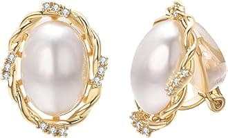 Yoursfs White Large Pearl Clip on Earrings for Women 18k Gold Plated Hypoallergenic Non Pierced Earrings Fashion Sparkly Jewelry