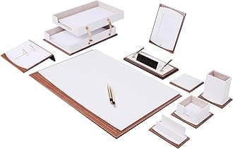 Star Luxury Leather Desk Set, Leather & Wood Desk Set, with Double Tray, Office Desk Accessories, Home Office Accessories, Desk Supplies, Desk Organizer (White), 11 Pcs