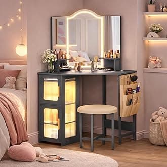 LVSOMT Corner Makeup Vanity Desk with Mirror and Lights, Dressing Table with Charging Station, Makeup Table with Stool, Storage Cabinet and Adjustable Shelf, Bedroom Vanity for Girls Women, Grey