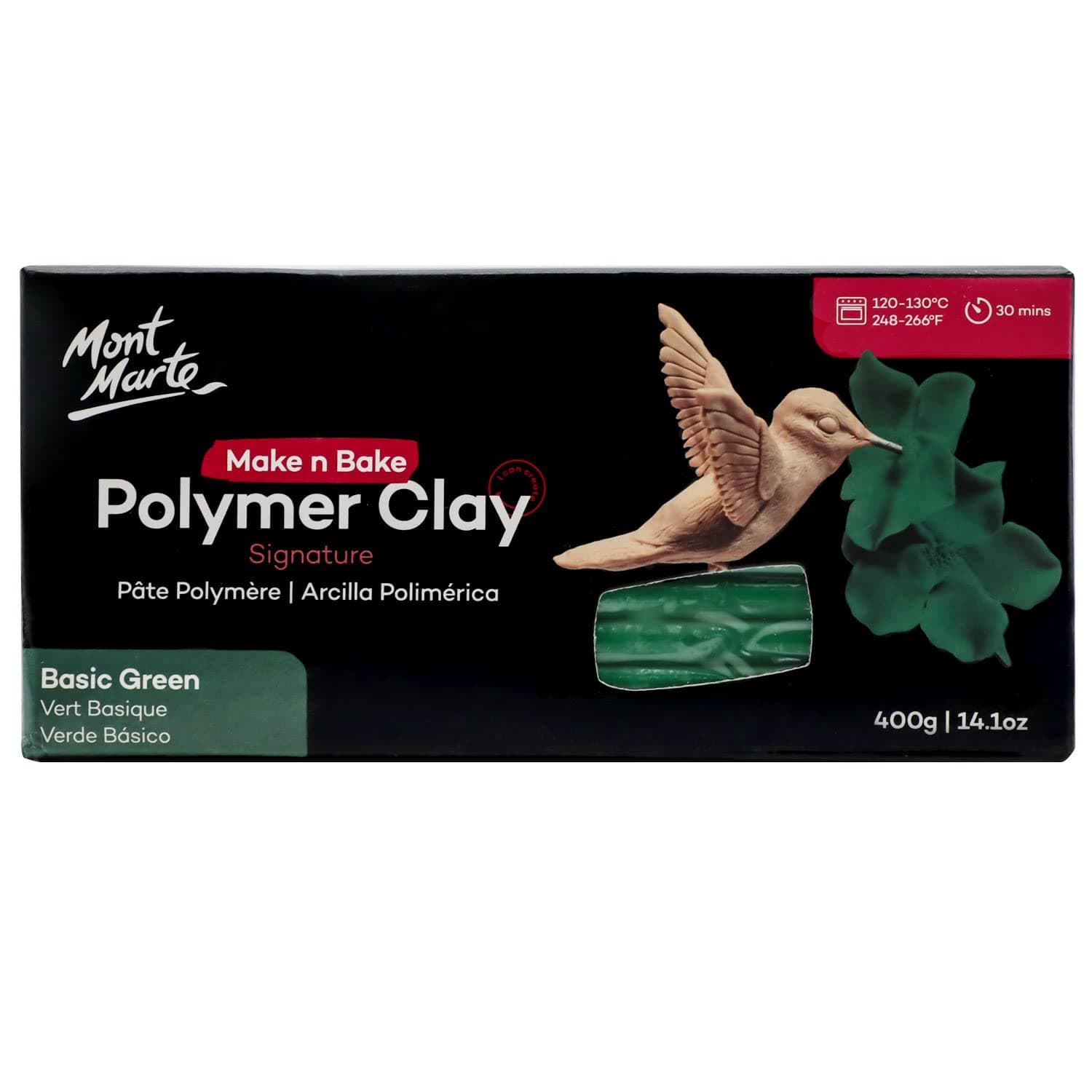Make n Bake Polymer Clay Signature Basic Green 400g (14.1oz) Block, Bake in Oven, Soft and Smooth, Sculpting, Craft, DIY Décor, Jewelry