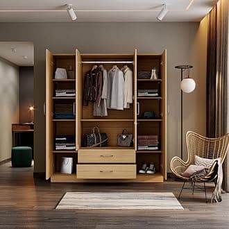 Wakefit Wardrobe | 1 Year Warranty | Engineered Wood Almirah, Cupboard for Clothes Storage | 4 Door, Mirror, 1 Drawer, 1 Hanging Space | Organza Plus - Urban Teak