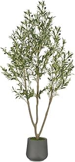 Olive Trees Artificial Indoor, 6FT Tall Faux Olive Tree with Gray Tall Planter, Artificial Plants with Natural Wood Trunk and Lifelike Fruits for Home Office Decor