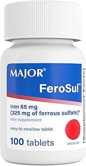 Major Ferosul - Ferrous Sulfate 325mg Tablets with 65mg of Elemental Iron - Iron Supplement for Women, Men - Red - 100 Count (1 Pack)