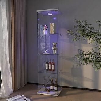 Modern Glass Display Cabinet 4-Shelf with LED Light, Lock and Wheels, 1 Door Curio Cabinets, Tempered Glass Collection Display Showcase for Living Room Home Office,White