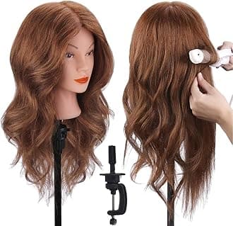 TopDirect Mannequin Head with 100% Human Hair, 18" Dark Brown Real Hair Cosmetology Mannequin Head Hair Styling Hairdressing Practice Training Doll Head with Clamp Holder and Tools